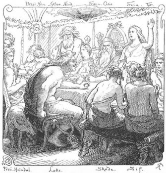 A depiction (1895) of Loki quarreling with the gods, as in the Poetic Edda poem Lokasenna.