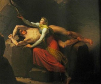 For his mischief, Loki is hounded by the gods and bound to a rock where a serpent drips painful venom upon him.